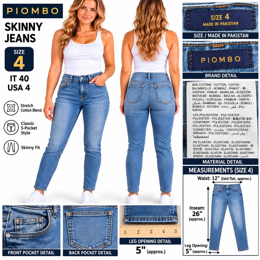 Piombo Womens Skinny Jeans Blue Stretch Cotton Blend Size 4 NWT Classic Chic